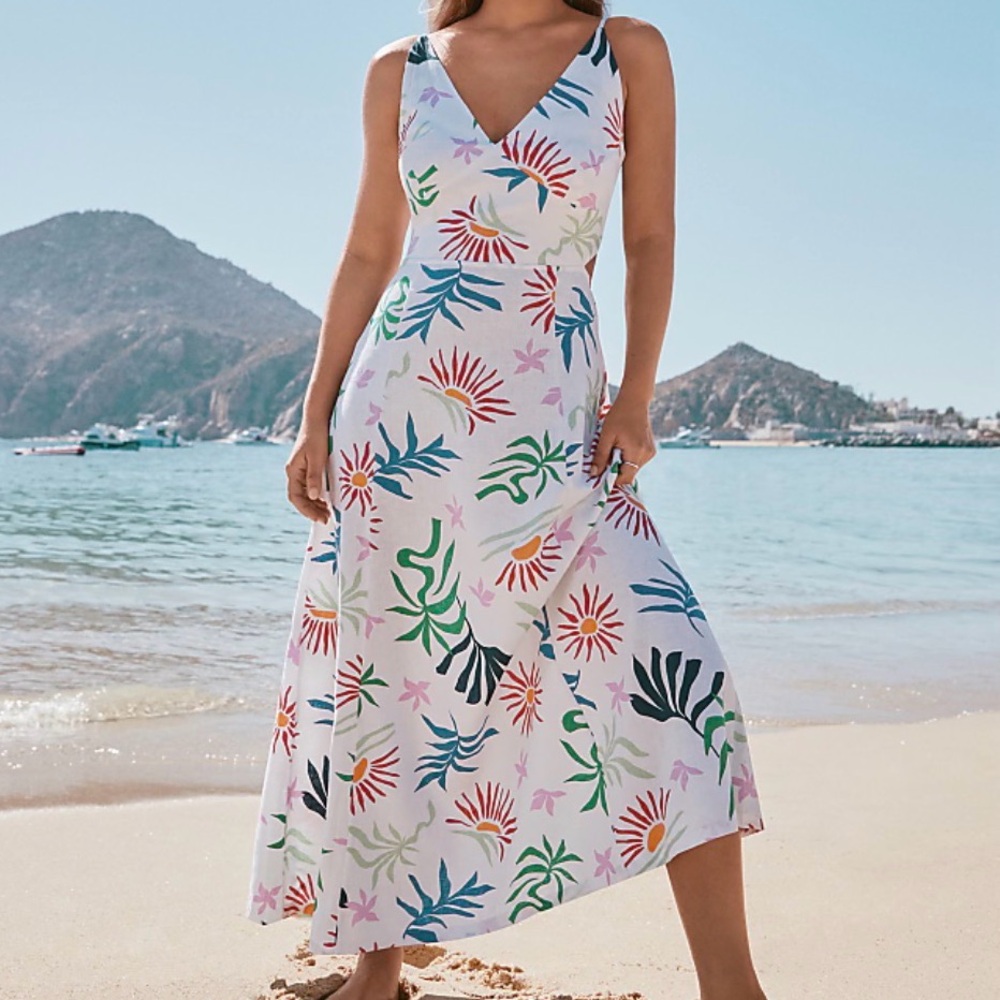 LOFT Beach Sun Cutout Midi Pocket Dress floral white size 4  bow & cutout back